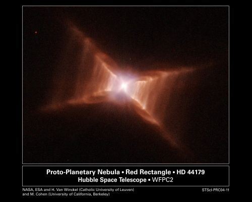 Proto-planetary "Red Rectangle" Nebula - HST
"...Billy, con una delle sue belle sciarpe nuove, cadde nel fuoco, riducendosi in cenere. 
Ora, sebbene la stanza sia sempre più fredda, non ho il coraggio di attizzare il Povero Billy..."

Harry Graham
Parole chiave: Hubble Images