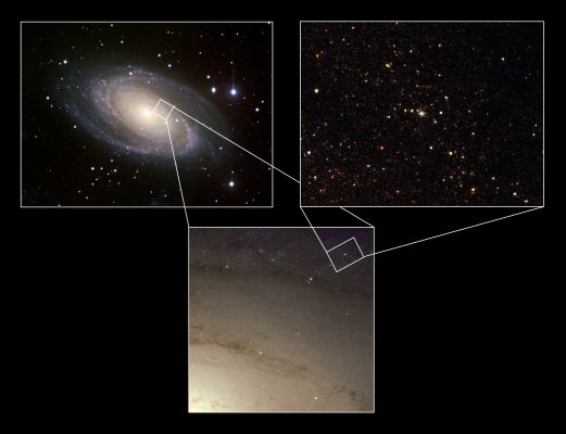 M 81 Spiral Galaxy (detail mgnf) - 2 Ground Imgs + 1 HST
"...Oh, Be A Fine Girl: Kiss Me..."

(anonimo - frase usata per rammentarsi delle 7 classi spettrali in cui sono divise le stelle nel Diagramma H.R.)
Parole chiave: From Earth Images - Hubble Images