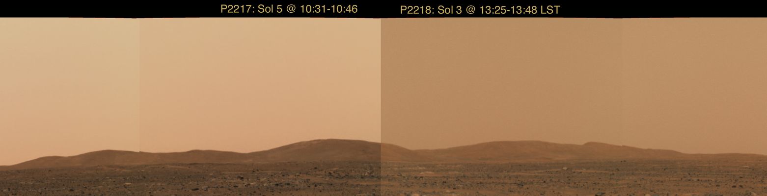The Eastern Hills at two different hours of the day - Soles 3 and 5
Questa immagine composita che ci illustra il medesimo paesaggio in due diversi momenti della giornata è, secondo noi, del tutto rivelatrice su due circostanze: la prima è che Marte, tra le 10:31 e le 13:48, cambia radicalmente aspetto, MA rimane un Pianeta abbastanza "poco luminoso". La seconda è che attraverso l'elaborazione grafica delle immagini si stravolge (diremmo completamente) la realtà, anche agendo nella più perfetta Buona Fede.
Parole chiave: Postcards from Mars