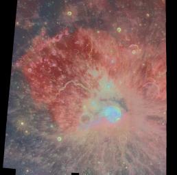 042 - Aristarchus Crater (false colors)
The Aristarchus region is one of the most diverse and interesting areas on the Moon. About 500 Clementine images acquired through three spectral filters (415, 750, and 1000 nm) were processed and combined into a multispectral mosaic of this region. Shown here is a color-ratio composite, in which the 750/415 ratio controls the red-channel brightness, it inverse (415/750) controls the blue, and the 750/1000 ratio controls the green. Color ratios serve to cancel out the dominant brightness variations and topographic shading, thus isolating the color differences related to composition or mineralogy. The Aristarchus plateau is a rectangular, elevated crustal block about 200 km across, surrounded by the vast mare lava plains of Oceanus Procellarum. Clementine altimetry shows that the plateau is a tilted slab sloping down to the northwest, that rises more than 2 km above Oceanus Procellarum on its southeastern margin. The plateau was probably uplifted, tilted, and fractured by the Imbrium basin impact, which also deposited hummocky ejecta on the plateau surface. The plateau has experienced intense volcanic activity, both effusive and explosive. It includes the densest concentration of lunar sinuous rilles, including the largest known, Vallis Schroteri, which is about 160 km long, up to 11 km wide, and 1 km deep. The rilles in this area begin at 'cobra-head' craters, which are the apparent vents for low-viscosity lavas that formed vents for 'dark mantling' deposit covering the plateau and nearby areas to the north and east. This dark mantling deposit probably consists primarily of iron-rich glass spheres (pyroclastics or cinders), and has a deep red color on this image. Rather than forming cinder cones as on Earth, the lower gravity and vacuum of the Moon allows the pyroclastics to travel much greater heights and distances, thus depositing an extensive regional blanket. The Aristarchus impact occurred relatively recently in geologic time, after the Copernicus impact but before the Tycho impact. The 42 km diameter crater and its ejecta are especially interesting because of its location on the uplifted southeastern corner of the Aristarchus plateau. As a result, the crater ejecta reveal two different stratigraphic sequences: that of the plateau to the northwest, and that of the portion of Oceanus Procellarum to the southwest. This asymmetry is apparent in the colors of the ejecta as seen in this image, which is reddish to the southeast, dominated by excavated mare lava, and bluish to the northwest, caused by the excavation of highland materials in the plateau. The extent of the continuous ejecta blanket also appears asymmetric: it extends about twice as far to the north and east than in other directions, approximately following the plateau margins. These ejecta lobes could be caused by an oblique impact from the southeast, or it may reflect the presence of the plateau during ejecta emplacement. Two dark blue spots in the center of Aristarchus represent tan especially interesting discovery. The infrared spectral properties measured by Clementine are consistent with a composition of almost pure anorthosite, the primitive rock type produced by the lunar magma ocean. This is the first discovery of a major exposure of anorthosite in this region of the Moon, well within the boundary of the hypothetical Procellarum basin. Don Wilhelms (Geologic History of the Moon, USGS Professional Paper, 1984) proposed that the giant Procellarum basin entirely removed the upper anorthositic crust from the north-central nearside of the Moon.
Parole chiave: The Moon from orbit - Clementine (Aristarchus)