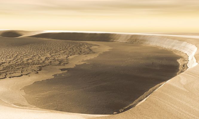 Chasma Boreale (1)
Both Martian Polar Caps show ragged outlines, with sinuous valleys and spiral-shaped troughs giving the Caps' edges a sawtooth outline. Scientists think the spirals develop as solar heating melts and evaporates the ice more strongly on the Equator-ward and West-facing sides of any slight depression. In time, these deepen into valleys and canyons. 
The largest trough in the Northern Polar Cap is a huge canyon named Chasma Boreale. It runs into the ice cap for 570 Km (about 350 miles), making a broad valley that ends at a point called Tenuis Cavus, shown in this THEMIS image taken at visible wavelengths.
Parole chiave: Artistic Visions of the Solar System