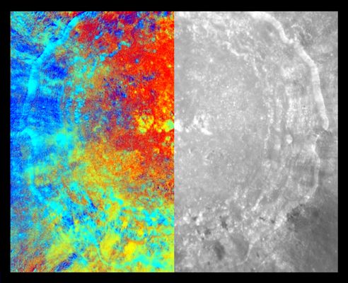 053 - Copernicus Crater (mosaic)
Mosaic of the lunar crater Copernicus produced using images obtained by the Clementine UV/VIS camera. This 95-km crater, believed to be approximately 800 million years old, is located near the center of the lunar nearside and exhibits prominent rays extending in all directions. The right section of the image is a color composite mosaic of the eastern half of Copernicus. This color mosaic was prepared using images obtained through filters of three different colors chosen to allow small lunar color differences to be mapped in a geologic context. In this image, the color assignments are: red (750/415 nm), green ( 750/950 nm), and blue (415/750 nm). The left section of the image is a mosaic of the same area prepared using frames obtained through a single filter (750 nm). This mosaic is displayed as a mirror image to the color composite to allow easy comparison of geologic features and their color. 

Extensive large- and small-scale heterogeneity of materials excavated by this large crater is readily evident from the color composite mosaic. Bright blue tones typically suggest fresh material similar to Apollo 16 rocks and breccias, mottled red-orange tones indicate material similar to Apollo 16 soils, vivid red is associated with deposits of impact melt (seen most prominently in the northwestern part of the crater floor), and green-yellow tones along the southern wall imply a higher abundance of iron-bearing materials. 

Impact craters can be used as windows into the interior and this multispectral image of Copernicus provides dramatic new information about how materials are excavated, melted, mixed, and deposited in a major impact event. The extensive heterogeneity around the wall of the crater indicates materials are not intimately mixed in spite of the huge energy involved during crater formation. Similarly, impact melt (target rock melted during the impact event) is not distributed uniformly, but can be seen to be concentrated in large sections of the floor and in small areas along ledges of the walls.

Parole chiave: The Moon from orbit - Clementine (Copernicus)