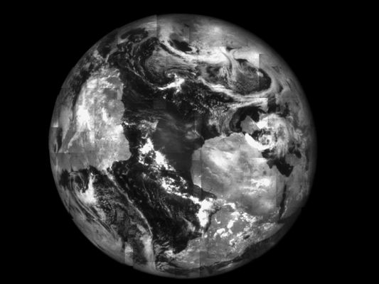 300 - The Earth from Clementine
This was imaged by the High Resolution Camera at 750 nm on 11 April 1994 during lunar orbit 242. This mosaic was put together from over 70 HR images as the Clementine spacecraft's attitude was adjusted to scan the sensor across the Earth in strips. 

The image shows a 2° by 2° field of view and has a resolution of 6 Km from a distance of about 380.000 Km. 

Africa and the Middle East are clearly visible on the right, with South and Central America visible on the left. 
The Caribbean, Florida and the the Eastern US (mostly under cloud cover) are visible near the top of the image. North is to the upper right.
Parole chiave: Earth from Space