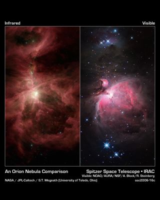 Infrared Orion
This image composite compares infrared and visible views of the famous Orion nebula and its surrounding cloud, an industrious star-making region located near the hunter constellation's sword. The infrared picture is from NASA's Spitzer Space Telescope, and the visible image is from the National Optical Astronomy Observatory, headquartered in Tucson, Ariz. 

In addition to Orion, two other nebulas can be seen in both pictures. The Orion nebula, or M42, is the largest and takes up the lower half of the images; the small nebula to the upper left of Orion is called M43; and the medium-sized nebula at the top is NGC 1977. Each nebula is marked by a ring of dust that stands out in the infrared view. These rings make up the walls of cavities that are being excavated by radiation and winds from massive stars. The visible view of the nebulas shows gas heated by ultraviolet radiation from the massive stars. 

Above the Orion nebula, where the massive stars have not yet ejected much of the obscuring dust, the visible image appears dark with only a faint glow. In contrast, the infrared view penetrates the dark lanes of dust, revealing bright swirling clouds and numerous developing stars that have shot out jets of gas (green). This is because infrared light can travel through dust, whereas visible light is stopped short by it. 

The infrared image shows light captured by Spitzer's infrared array camera. Light with wavelengths of 8 and 5.8 microns (red and orange) comes mainly from dust that has been heated by starlight. Light of 4.5 microns (green) shows hot gas and dust; and light of 3.6 microns (blue) is from starlight. 


Parole chiave: From Space Images - Spitzer Space Telescopes