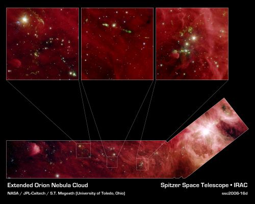 The "Great Cloud" around Orion
This image composite shows a part of the Orion constellation surveyed by NASA's Spitzer Space Telescope. The shape of the main image was designed by astronomers to roughly follow the shape of Orion cloud A, an enormous star-making factory containing about 1,800 young stars. This giant cloud includes the famous Orion nebula (bright circular area in "blade" part of hockey stick-shaped box at the bottom), which is visible to the naked eye on a clear, dark night as a fuzzy star in the hunter constellation's sword. 

The region that makes up the shaft part of the hockey stick box stretches 70 light-years beyond the Orion nebula. This particular area does not contain massive young stars like those of the Orion nebula, but is filled with 800 stars about the same mass as the sun. These sun-like stars don't live in big "cities," or clusters, of stars like the one in the Orion nebula; instead, they can be found in small clusters (right inset), or in relative isolation (middle insert). 

In the right inset, developing stars are illuminating the dusty cloud, creating small wisps that appear greenish. The stars also power speedy jets of gas (also green), which glow as the jets ram into the cloudy material. 

Since infrared light can penetrate through dust, we see not only stars within the cloud, but thousands of stars many light-years behind it, which just happen to be in the picture like unwanted bystanders. Astronomers carefully separate the young stars in the Orion cloud complex from the bystanders by looking for their telltale infrared glow. 

The infrared image shows light captured by Spitzer's infrared array camera. Light with wavelengths of 8 and 5.8 microns (red and orange) comes mainly from dust that has been heated by starlight. Light of 4.5 microns (green) shows hot gas and dust; and light of 3.6 microns (blue) is from starlight.

Parole chiave: From Space Images - Spitzer Space Telescopes