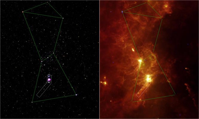 Orion's "Sword"
This image composite outlines the region near Orion's sword that was surveyed by NASA's Spitzer Space Telescope (white box). The view on the left (figure 1) is from a visible-light telescope, and the view on the right (figure 2) shows infrared light captured by a previous infrared mission, the Infrared Astronomical Satellite. 

The Orion nebula, our closest massive star-making factory, is the brightest spot near the hunter's sword. On a dark night, it can appear to the naked eye as a fuzzy star, and it looks like a ghostly blob through a pair of binoculars. The Orion constellation is one of the most prominent winter constellations, and can be seen from all northern latitudes starting in the fall. 

Spitzer used its infrared eyes to probe the dusty clouds of a region called Orion cloud A. outlined here in the hockey stick-shaped box (see PIA08655). This giant cloud stretches almost a quarter of the length of the constellation, an area equivalent to 18 full moons. The small box within the hockey stick shows the location of another image released by Spitzer (see PIA08653), which mainly features the Orion nebula itself. 

The bright spot that shows up in the infrared view in the area of Orion's belt is known as Orion cloud B. Together, Orion clouds A and B make up the Orion cloud complex. In a survey of this entire complex, Spitzer unearthed 2,300 stars circled by disks of planet-forming dust and 200 stellar embryos too young to have developed disks. 

The Infrared Astronomical Satellite was a joint effort between NASA, the Science and Engineering Research Council, United Kingdom and the Netherlands Agency for Aerospace Programmes, the Netherlands. Spitzer has extended the legacy of the satellite by providing much better resolution and sensitivity. 

The visible-light image comes courtesy of Howard McCallon of the Infrared Processing and Analysis Center at the California Institute of Technology of Pasadena. 


Parole chiave: From Space Images - Spitzer Space Telescopes