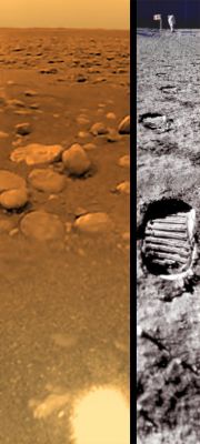 Titan's "Yellow" Surface...and the Moon!
This picture shows a composite view from the Descent Imager-Spectral Radiometer taken while the ESA's Huygens probe was setting on Titan's surface, juxtaposed with a similarly scaled picture taken on the Moon's surface. Objects near the center of the picture are roughly the size of a man's foot. Objects at the horizon are a fraction of a man's height. The Huygens image was taken on Jan. 14, 2005.
Parole chiave: Titan's Surface