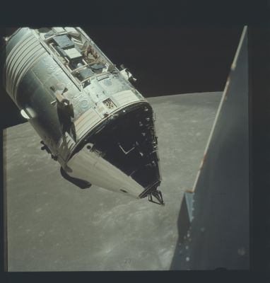 AS 17-145-22257 - CSM America over the Sea of Crisis
Caption NASA originale:"Close view of the Command Service Module (CSM) and of the Scientific Instrument Module (SIM) Bay in the Service Module at rendezvous. 
CSM - orbit 52. 
Crater Lick, Sea of Crisis".
Parole chiave: The Moon from orbit - Craters (Lick)