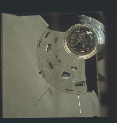 AS 17-145-22273 - Docking Time!
Caption NASA originale:"CSM - orbit 52. The Command Module docking probe photographed from the Lunar Module during docking. The LM is the active vehicle during this maneuver. Craters visible on the Lunar Surface are Bessel and Deseilligny. 
Parole chiave: The Moon from orbit - Craters (Bessel & Deseilligny)