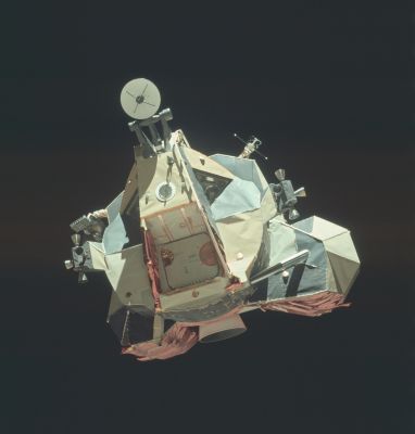 AS 17-149-22857 - The "Challenger", in Space (1)
Caption NASA originale:"Ron Evans took this stunning picture of Challenger during a post-rendezvous mutual inspection. Harald Kucharek raised the possibility that the bright arc visible in the LM window might be Gene Cernan's bubble helmet. Subsequent discussion between Kucharek, Markus Mehring, Brian McInall, Mick Hyde, Marv Hein, Ron Wells and Eric Jones in late 2000 established the following: (1) the orientation of the LM at this time is such that reflections of the CSM off the flat surface of Gene's window would not be visible to Evans; (2) the orientation of the shadows on the front surface of the LM clearly indicate that, from our perspective, the Sun is overhead and that the bright, rectangular light-source above the arc is the rendezvous window with sunlight shining through it; (3) Cernan and Schmitt wore their bubble helmets - but not their LEVAs - for liftoff and rendezvous. Therefore, the bright arc is likely to be either a sunlit portion of the top of Gene's bubble helmet or, as Hein suggests with reference to AS17-149-22859 (see below), Gene's hair. Mick Hyde has produced a labeled detail. The rendezvous window can also be seen at top center in Jack Schmitt's post-EVA-3 portrait of Gene, AS17-145-22225. Finally, as indicated in the labeled detail and in second detail, there seemed to be a possibility that we were seeing a reflection from the front of Gene's helmet of the lunar horizon partially blocked by the CSM. A view of the CSM during the final phases of rendezvous can be seen in AS17-145-22257 which was taken out Gene's window. However, a higher-resolution detail from 22857 by Kipp Teague makes that interpretation less likely. Journal Contributor Markus Mehring notes that, in this detail, Gene's handcontroller can be seen at the bottom corner of the window".
Parole chiave: The Lunar Module (LM) in Space