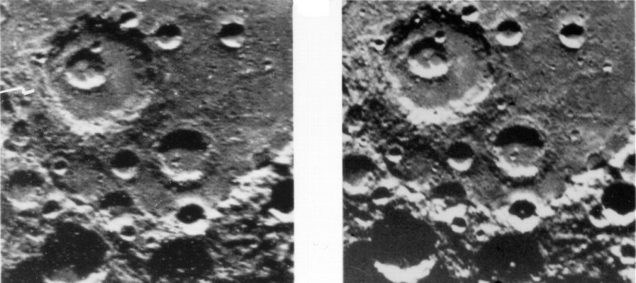 Multiple Craters (HR)
As Mariner 10 passed by Mercury on its 2nd encounter with the Planet on September 21, 1974, this picture (FDS 166850) of a large circular (about 350 Km or 220 mile diameter) basin was obtained near the morning terminator. The basin appears to have been flooded with the plain material and then subsequently cratered by numerous large events. 
Filling of the basin, presumably by lava flows analogous to those of the lunar maria, partially inundated small craters which had formed along the basin rim (lower left) and in some places overflowed the basin rim and spilled onto the surrounding terrain (top).
Parole chiave: Mercury's Surface - Cratered Region