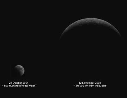 The Moon, from 600.000 and 60.000 Km!
La Luna: non ci siamo dimenticati della Luna, anzi! Da oggi, 26 Aprile 2005, inizieremo a raccontarVi la "Luna Dimenticata" (o quasi...) attraverso le immagini che ci arrivano dalla Sonda ESA SMART-1. 
Individueremo nuove "Singolarità"? 
Incontreremo nuovi enigmi? 
La Luna è davvero (e solo) "...del padiglion del ciel, la Gran Frittata..."?!?
Staremo a vedere...

Caption ESA originale."These 2 images show the Moon as seen by SMART-1 during the approach phase. The image on the left was taken on 28 October 2004, at a distance of about 600.000 Km from the Moon, when the spacecraft was in its last orbit around the Earth. The image on the right was taken on 12 November 2004, about 15 days later, at a distance of about 60.000 Km. At that time, the Moon was facing the Earth with its unlit side (new Moon).
The slightly illuminated part at the top of the Moon (right image) shows a 'slice' of the Moon's far side at about the latitude of the Lunar North Pole. The North Pole far side is seen for the first time by a European spacecraft, and only for the second time in the history of lunar exploration".
Parole chiave: The European Moon