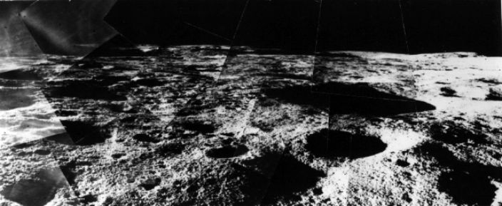 Surveyor 6 - Panorama
Original caption:"This panorama of the cratered lunar surface was constructed from images returned by the US Surveyor 6 lander. 
Surveyor 6 was not the first spacecraft to accomplish a soft landing on the Moon ... but it was the first to land and then lift off again! After the spacecraft touched down near the center of the Moon's nearside in November of 1967, NASA controllers commanded it to hop. Briefly firing its rocket engine and lifting itself some 4 mt above the surface, the Surveyor moved about 2,5 meters to one side before setting down again. The hopping success of Surveyor 6 essentially marked the completion of the Surveyor series main mission - to determine if the lunar terrain was safe for the planned Apollo landings".
Parole chiave: Moon Panorama