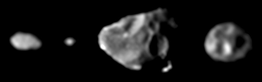 Amalthea and a few inner Moons of Jupiter
Che cosa distingue questi "macigni vaganti" dalla maggior parte delle Lune di Giove? Si tratta di Lune originarie del Sistema Gioviano o sono state "attratte" da Giove, durante un passaggio troppo ravvicinato? Probabilmente si tratta di asteroidi vaganti o di comete mancate: oggetti provenienti dalla Fascia di Kuiper (KBO) che, in transito accanto al Gigante Gassoso, si sono trovati all'angolo ed alla velocità corretti per non essere nè semplicemente deflessi dalla loro corsa e quindi scagliati via nello...
Parole chiave: Jupiter's moons - Amalthea