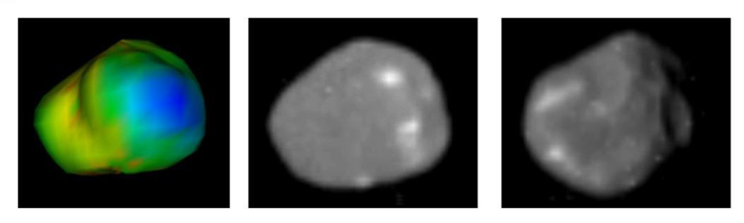 Amalthea: just an "Ice Cube"!
These images of Jupiter's moon Amalthea were taken with NASA's Galileo and Voyager spacecraft. Recent findings show that Amalthea is almost pure water ice, hinting that it may not have formed where it now orbits! This information challenges long-held theories about how moons form around giant planets. The image on the left shows the Escape Velocities (EV) color-coded on a shape model of Amalthea with the same viewpoint as the Voyager spacecraft image in the middle panel. Blue represents the lowest EV, barely 1 mt/second (about 3 feet) near the anti-Jupiter end, while red (barely visible) shows the region of much higher EV, nearly 90 mt/second (295 feet). The low EV result from the low density of Amalthea and from its rapid rotation as it orbits Jupiter. 
The middle image is a composite from both Galileo and NASA's Voyager spacecraft and shows Amalthea from the anti-Jupiter side. The visible area is about 150 Km (about 93 miles) across.
The Sun is behind the spacecraft, resulting in loss of visible shadows. The brighter markings on the ends of a ridge are prominent in this view. 

On the right is a Galileo image of Amalthea, (see PIA02532), with the bright spots on the end of Amalthea seen from the leading side of the satellite. Here the Sun is to the left and topography, such as the impact crater at the right, is visible. 

Amalthea is Jupiter's fifth largest moon. It orbits about 181,000 kilometers (112,468 miles) from Jupiter, considerably closer than the Moon orbits Earth. It measures about 168 miles in length and half that in width. Galileo passed within about 99 miles of the moon on Nov. 5, 2002. After more than 30 close encounters with Jupiter's four largest moons, the Amalthea flyby was the last moon flyby for Galileo. The mission began orbiting the planet in 1995. 

Parole chiave: Jupiter's Moons - Amalthea
