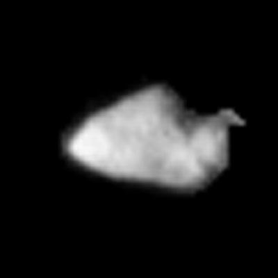 Asteroid Annefrank from Stardust
Asteroid Annefrank is seen as irregularly shaped, cratered body in an image taken by NASA's Stardust spacecraft during a Nov. 2 flyby of the asteroid.
Stardust flew within about 3.300 Km (about 2.050 miles) of the asteroid as a rehearsal for the spacecraft's encounter with its primary target, comet Wild 2, in January 2004. The camera's resolution was sufficient to show that Annefrank is about 8 Km (5 miles) in length, twice the predicted size from Earth-based observations. The surface reflects about 0,1 to 0,2% of sunlight, slightly less than anticipated. A few craters that are hundreds of meters across can be seen. The straight edge in the right side of the image may be an artifact of processing.
Parole chiave: Asteroids: images from Space