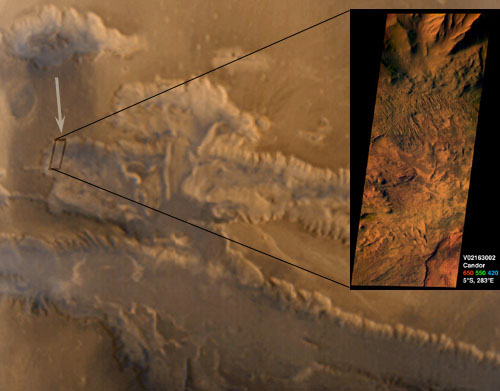 Candor Chasma from MGS and 2001 Mars Odyssey
Caption originale:"The 2001 Mars Odyssey Spacecraft includes an imaging device called THEMIS which scans strips of Mars in various wavelengths. Although numerous excellent images have been returned, unfortunately quirks and light leak defects in the camera system prevent straightforward registration of images obtained in different wavelengths. The first RGB color image released from Mars Odyssey is shown in the context of a color image from Mars Global Surveyor with a faked green channel. The THEMIS image appears too dark and saturated to me but I have preserved the color balance as released. Detailed criticism must be qualified by knowledge of the heroic measures taken to 'rescue' this RGB color image. The dark gray terrain in the valley floor shows as brownish to olive greenish in the closeup, and an orange region in the lower right is seen as the edge of a larger reddish area in the central interior of Candor Chasma".
Parole chiave: Mars from orbit - Chasmas - Candor Chasma