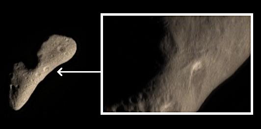 Eros in true colors
As the NEAR Shoemaker spacecraft descends into lower orbits around Eros, it continually returns higher spatial resolution images of the asteroid. The true color image at left was taken February 12, 2000, from a range of 1.748 Km and shows details only as small as 180 meters (590 feet) across. It was taken two days before orbit insertion, as part of an image sequence designed to provide moderate-resolution color mapping of Eros at a near-constant viewing geometry. The true color image inset at right was taken February 29 from a range of 283 Km and shows much smaller details only 27 meters (89 feet) across.
Parole chiave: Asteroids: images from Space