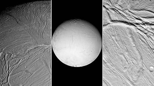 Enceladus, here and there!
Encelado: la piccola "Luna di Ghiaccio" ci mostra per intero il suo luminoso volto nell'immagine centrale (ripresa da una distanza di circa 180.000 Km) e poi alcune delle sue incredibili caratteristiche superficiali (canyons, crepacci, fratture, canali etc.), nei 2 frames di Dx e di Sx - ripresi da una distanza media di circa 24.000 Km (Sx) e 12.000 Km (Dx).
Parole chiave: Saturn's Moons - Enceladus