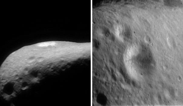 Side view and front view of a bright crater
Lighting and viewing geometries make a huge difference in the appearance of Eros' surface features. One of the most striking examples is the 2.7 Km diameter crater shown in these two images. The image at left, looking at the crater nearly edge-on, was taken February 16, 2000, from a range of 341 Km. The image at right was taken high over the crater on March 2, 2000, from a range of 226 Km. In the first image the only visible part of the crater's interior is the far, bright wall, which at the time was well-lit. The lighting, in combination with the particular viewing angle, make the crater appear stunningly bright. In the second view, the brighter material occupies only part of the slightly-shaded interior, greatly reducing the overall brightness contrast between the crater and the surrounding terrain.
Parole chiave: Asteroids: images from Space