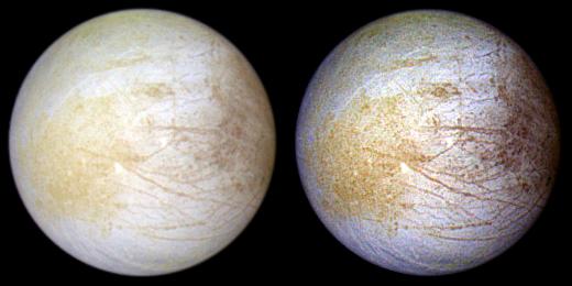 Europa in natural colors (Sn) and enhanced colors (Dx)
This color composite view combines violet, green, and infrared images of Jupiter's intriguing moon, Europa, for a view of the moon in natural color (left) and in enhanced color designed to bring out subtle color differences in the surface (right). The bright white and bluish part of Europa's surface is composed mostly of water ice, with very few non-ice materials. In contrast, the brownish mottled regions on the right side of the image may be covered by hydrated salts and an unknown red component. The yellowish mottled terrain on the left side of the image is caused by some other unknown component. Long, dark lines are fractures in the crust, some of which are more than 3,000 kilometers (1,850 miles) long.
North is to the top of the picture and the sun fully illuminates the surface. Europa is about 3,160 kilometers (1,950 miles) in diameter, or about the size of Earth's moon. The finest details that can be discerned are 25 kilometers across. The images in this global view were taken in June 1997 at a range of 1.25 million kilometers by the Solid State Imaging (SSI) system on NASA's Galileo spacecraft, during its ninth orbit of Jupiter.

Parole chiave: Jupiter's moons - Europa