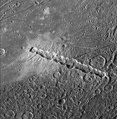 Ganymede's surface detail: a comet fell over there?
View of a chain of craters named Enki Catena on Jupiter's moon, Ganymede. This chain of 13 craters probably formed by a comet which was pulled into pieces by Jupiter's gravity as it passed too close to the planet. Soon after this breakup, the 13 fragments crashed onto Ganymede in rapid succession. The Enki craters formed across the sharp boundary between areas of bright terrain and dark terrain, delimited by a thin trough running diagonally across the center of this image. The ejecta deposit surrounding the craters appears very bright on the bright terrain. Even though all the craters formed nearly simultaneously, it is difficult to discern any ejecta deposit on the dark terrain. This may be because the impacts excavated and mixed dark material into the ejecta and the resulting mix is not apparent against the dark background.

North is to the bottom of the picture and the sun illuminates the surface from the left. The image, centered at 39 degrees latitude and 13 degrees longitude, covers an area approximately 214 by 217 kilometers. The resolution is 545 meters per picture element. The image was taken on April 5, 1997 at 6 hours, 12 minutes, 22 seconds Universal Time at a range of 27282 kilometers by the Solid State Imaging (SSI) system on NASA's Galileo spacecraft.


Parole chiave: Jupiter's moons - Ganymede