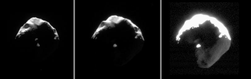 Moments of "Helene"
Caption NASA originale:"This set of images exposes details on small and crumpled-looking Helene. Large portions of this Trojan moon of Dione appear to have been blasted away by impacts. 
Cassini passed within 50.000 Km (about 31,000 miles) of Helene (which is about 32 Km - or 20 miles across) on Aug. 17, 2006, when these images were acquired. 
The views were obtained over the course of an hour and are presented here in reverse order (i.e.: the leftmost image was taken latest). 

The images were taken in visible light with the Cassini spacecraft narrow-angle camera. As presented here, the views were acquired at distances ranging from about 62.000 to 51.000 Km (such as about 39.000 to 32.000 miles) from Helene and at a Sun-Helene-spacecraft, or phase, angle of 111 to 120°. Image scale is roughly 375 to 300 meters (approx. 1.230 to 984 feet) per pixel, from left to right".
Parole chiave: Saturn's Moons - Helene