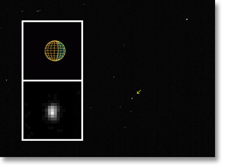 Himalia from 4,4 MKM
Cassini spacecraft captured images of Himalia, the brightest of Jupiter's outer moons, on Dec. 19, 2000, from a distance of 4,4 MKM.
This near-infrared image, with a resolution of about 27 Km (such as roughly 17 miles) per pixel, indicates that the side of Himalia facing the spacecraft is ,ore or less 160 Km (about 100 miles) in the up-down direction. Himalia probably has a non-spherical shape. Scientists believe it is a body captured into orbit around Jupiter, most likely an irregularly shaped asteroid. In the main frame, an arrow indicates Himalia. North is up. The inset shows the little moon magnified by a factor of 10, plus a graphic indicating Himalia's size and the direction of lighting (with sunlight coming from the left). Cassini's pictures of Himalia were taken during a brief period when Cassini's attitude was stabilized by thrusters instead of by a steadier reaction-wheel system. No spacecraft or telescope had previously shown any of Jupiter's outer moons as more than a "star-like" single dot.
Parole chiave: Jupiter's moons - Himalia