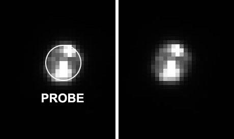 The "Huygens Probe" - detail mgnf
Caption NASA originale: "The European Space Agency's Huygens Probe appears shining as it coasts away from Cassini in this close-up of an image taken on Dec. 26, 2004, just two days after it successfully detached from the Cassini spacecraft. 
Shown here side-by-side is a close-up of the Huygens probe. The image on the left shows the relative size of the probe. The bright spots in both images are probably due to light reflecting off the blanketing material that covers the probe".
Parole chiave: The Huygens Probe