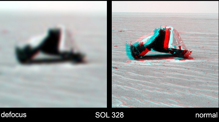 The "Thing" on Sol 328
(note: this is a translation of the Italian comment to images 1 and 2 herebefore) Watch out: the distance is different, the Martian Days (or Sols) are different, BUT the visual angle the 2 pictures were taken from is THE SAME! So what? So, we're now asking ourselves WHAT HAPPENED to the Opportunity's Heat-Shield in that lap of time running between Sol 104 (when this piece of "Space Junk" looked like a big sparkling stone, partly warped and partly squared - see the previous picture) and Sol 328 (when we "found out" that such a piece of metal was, instead, "round and tapered).
Maybe the "Aliens" - better yet: the Martians! - replaced the original "Made in USA" piece of junk with something else? 
Perhaps the 'shooting capacities' of the Rover's cameras changed dramatically? 
Or - maybe... - the People of NASA, wisely driven by wise minds, simply ERASED - as long as the Rover was getting closer to what we now believe it was a Surface Anomaly - the original artifact and REPLACED it with a "virtual" Heat-Shield?
Parole chiave: Highly Controversial Image