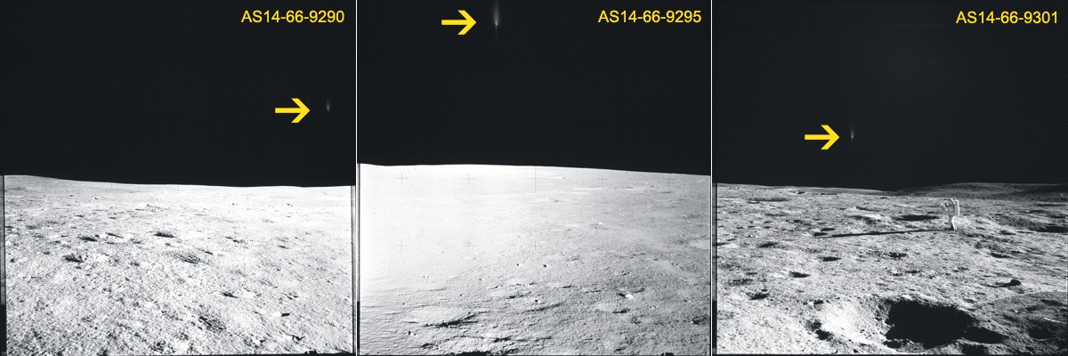 Blue Flares and the Invisible Crater: the frames
Una "Terza Indagine Spaziale" - ambientata sulla Luna questa volta - a firma del Dr Alessio Feltri. Buona lettura!...

Su sollecitazione dell’amico Paolo C. Fienga avevo iniziato a studiare una "tripletta" di frames (estratti dalla Missione Apollo 14) i quali avrebbero potuto contenere l'evidenza fotografica di uno - o più - possibili TLP. I misteriosi bagliori blu sono stati evidenziati con una freccia gialla. Come si vede, nei primi 2 frames i dettagli del terreno lunare sottostante sono piuttosto annebbiati e sfumati, per cui ben poco si può dire su delle eventuali e possibili connessioni dei bagliori in questione con la morfologia di superficie. 
Ho quindi preso in esame il terzo fotogramma, apparentemente il più significativo.
Parole chiave: A Moon Investigation