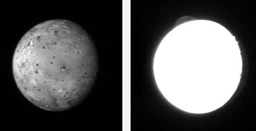 Restless Tvashtar
The first images returned to Earth by New Horizons during its close encounter with Jupiter feature the Galilean moon Io, snapped with the Long Range Reconnaissance Imager (LORRI) at 0840 UTC on February 26, while the moon was 2,5 MMs (about 4 MKM) from the spacecraft.
Io is intensely heated by its tidal interaction with Jupiter and is thus extremely volcanically active. That activity is evident in these images, which reveal an enormous dust plume, more than 150 miles high, erupting from the volcano Tvashtar. The plume appears as an umbrella-shaped feature of the edge of Io's disk in the 11 o'clock position in the right image, which is a long-exposure (20-millisecond) frame designed specifically to look for plumes like this. The bright spots at 2 o'clock are high mountains catching the setting sun; beyond them the night side of Io can be seen, faintly illuminated by light reflected from Jupiter itself. 

The left image is a shorter exposure — 3 milliseconds — designed to look at surface features. In this frame, the Tvashtar volcano shows as a dark spot, also at 11 o'clock, surrounded by a large dark ring, where an area larger than Texas has been covered by fallout from the giant eruption. 

This is the clearest view yet of a plume from Tvashtar, one of Io's most active volcanoes. Ground-based telescopes and the Galileo Jupiter orbiter first spotted volcanic heat radiation from Tvashtar in November 1999, and the Cassini spacecraft saw a large plume when it flew past Jupiter in December 2000. The Keck telescope in Hawaii picked up renewed heat radiation from Tvashtar in spring 2006, and just two weeks ago the Hubble Space Telescope saw the Tvashtar plume in ultraviolet images designed to support the New Horizons flyby. 

The New Horizons images of the plume — which show features as small as 20 Km (12 miles), are 12 times sharper than the HST images and about three times sharper than the Cassini images. "This is the best image of a large volcanic plume on Io since the Voyager flybys in 1979" says John Spencer, deputy leader of the New Horizons Jupiter Encounter Science Team from Southwest Research Institute. 

"If the Tvashtar plume remains active, the images we take later in the encounter should be even better".
Parole chiave: Jupiter's Moons - Io