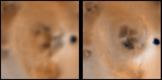As Time Goes By...On Io! (1)
Detail of changes on Jupiter's moon Io in the Region around Volund as seen by the Voyager 1 spacecraft in April 1979 (left frame) and NASA's Galileo spacecraft in September 1996 (right frame). North is to the top of both frames which are approx. 600 by 600 Km. Note the new linear feature, which may be a volcanic fissure, trending east from the southern end of Volund. Dark diffuse material lies to the west and a ring of bright material which may be SO2- rich plume deposits appears to be centered near the middle of the new linear feature.
Parole chiave: Jupiter Moons - Io