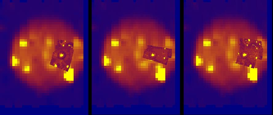 Active volcanoes on Io in 3 different months
Caption NASA originale:Changes in the volcanoes on Io can be seen in these 3 views, taken by NASA's Galileo spacecraft during its 3 flybys of Io in October and November 1999 and February 2000. All the images show the active volcanoes as bright yellow, corresponding to hot lava flows that appear glowing in infrared wavelengths. The 3 views were taken by the spacecraft's near-infrared mapping spectrometer and show the comparison of a typical low-resolution observation to the high-resolution views. The Prometheus volcano is seen near the middle of all three images. Before the recent flybys, only Prometheus and three other volcanoes were known to be active in this region. After these and other high-resolution observations, scientists were able to detect 14 volcanoes in the same area. The fainter volcanoes (hot spots) show some significant changes over intervals of 1 to 3 months. The area shown by all three observations put together is about 2 million square kilometers (about 770,000 square miles)".
Parole chiave: Jupiter's moons - Io