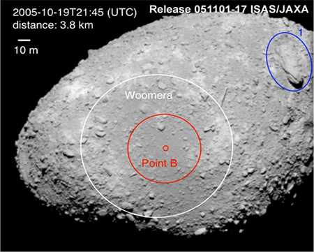 Surface details (3)
(B) Taking advantage of the observations made with the onboard instruments, sufficiently detailed information about the sampling sites has been obtained, and the relation between the potential samples and the spectroscopic data has been correctly correlated. As a technology demonstration mission, Hayabusa has already finished the preliminary steps towards the primary sample and return goal. These samples will provide important scientific clues concerning the puzzlingly inconsistent correlations between S-type asteroids and ordinary chondrites, and lead to an improved understanding of the space weathering effect, which may clarify our understanding of the early Solar System and Earth. 

(C) Combinations of the Itokawa images along with spacecraft navigation information has enabled shape and gravity models to be numerically defined. The Science Team has started to study and identify the special mechanisms that can move boulders and regolith in the ultra-low gravity environment associated with small objects.
Parole chiave: Asteroids