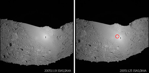 Target Marker located on Itokawa (1)
On Nov. 26, spacecraft "Hayabusa" challenged the second trial to execute landing on and sampling from the asteroid Itokawa. Hayabusa team confirmed the whole process to have been implemented and it is sure that the team succeeded in sampling materials on the surface of an asteroid for the first time in World History. Detailed data to be sent from Hayabusa will further verify the sampling.


Hayabusa started its last descent phase from the altitude of 1 km above Itokawa by command from Earth around 10:00 p.m. Nov.25 (JST). It was followed by starting the vertical descent from around 6:00 a.m. Nov.26., and, around 6:25 a.m., Sagamihara Deep Space Control Room sent a command to continue the descent. 
Hayabusa challenged landing and sampling operation after a hovering phase. Hayabusa team is now sure, through the analysis of telemetry data, that a series of sequence for sampling was successfully done. Hayabusa then flew up to several kilometers altitude with normal solar paddles power, spacecraft attitude, etc.
Parole chiave: Asteroids