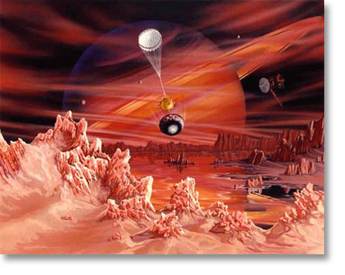 Saturn, through the fog of Titan
Titan's surface may hold lakes of liquid ethane and methane, sprinkled over a thin veneer of frozen methane and ammonia. Most of the brownish-orange color comes from more heavily processed hydrocarbons present in Titan's atmosphere and on its surface. Artistic license has been used to exaggerate the size of the orbiter, the sharpness of the icy features, the tilt of Saturn's rings, and the visibility of the planet through Titan's atmosphere. 
Parole chiave: Artistic views of the Solar System - Titan