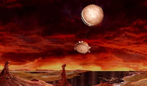 Landing on Titan
Because it's in a deep freeze state, Titan's atmosphere is thought to contain chemicals similar to those found on Earth's early days. Data from the Huygens probe combined with Cassini's measurements may offer clues about how life began on Earth. 
Parole chiave: Artistic views of the Solar System - Titan