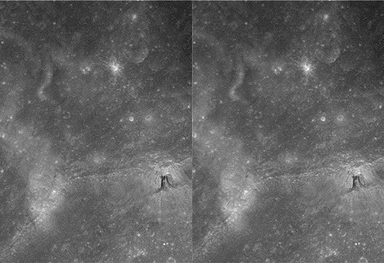 The Lobachevsky Anomaly, from Clementine (1)
La struttura verticale che, nel frame AS 16-121-19407, pareva sovrastare questo crepaccio netto e profondo, non si riesce più a vedere. 
Forse - anzi: certamente - si trattava di un photographic artifact (determinato dalla compressione del frame): siamo comunque in attesa di entrare in possesso del frame originale non compresso per verificare meglio.
Tutto ciò che si vede in questo frame è un "seepage" (una "colata" scura) che si diparte dal bordo di un dosso.
NON E', come Hoagland e qualche altro suo seguace sostengono, una sorta di "apertura", decisamente anomala nei contorni e nelle caratteristiche esteriori, che pare "affondare" nella superficie della Luna e condurre nelle profondità del nostro Satellite (praticamente l'imbocco di una miniera).

NON è quello che sembra, insomma, e basta guardare con attenzione e cautela per capirlo.
Parole chiave: The Lobachevsky Anomaly