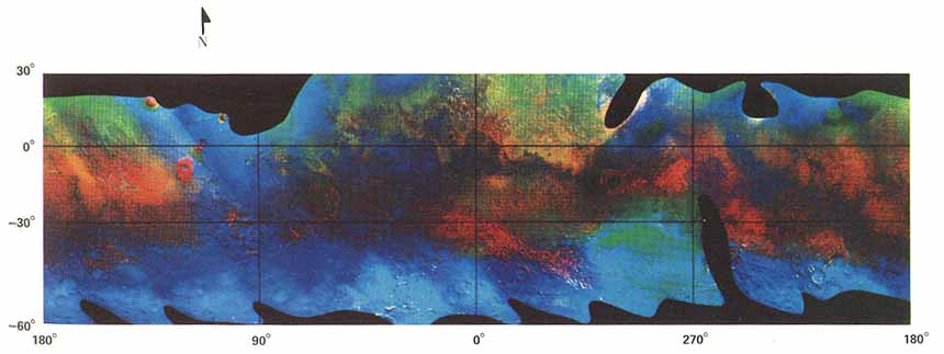 The Colors of Mars (4)
Atmospheric phenomena and surface frost affect the Planet's appearance. South of approximately 40° Lat., the scene is dominated by the annual South Polar CO2 fee cap. Near-surface condensate clouds arc abundant in this Region, especially in Hellas. Because some of the data in the bright areas were saturated, the color balance is distorted; no attempt was made to correct this problem. North of about 20° Lat., condensate clouds are especially noticeable along the northernmost edge where emission angles were extreme. Other clouds are scattered locally throughout the Equatorial Region South and South-West of Valles Marineris.

This image dramatically enhances subtle color variations The violet/green ratio is used as the blue component of the final image, the albedo at the are en wavelength as the green component, and the red/green n ratio as the red component. Hence, the amount of red or blue is controlled primarily by the slope of the spectral reflectance curve: areas with high albedo are also green. Thus, high albedo blue areas (ice, fog, clouds) are blue-green in color, and high albedo red areas are orange and yellow; bright areas of average color are green. Green is absent in dark areas, so the colors represent the slope from violet to red; red areas have a steeper slope, increasing from violet to blue; blue areas have a shallower slope.

Parole chiave: Mars Maps