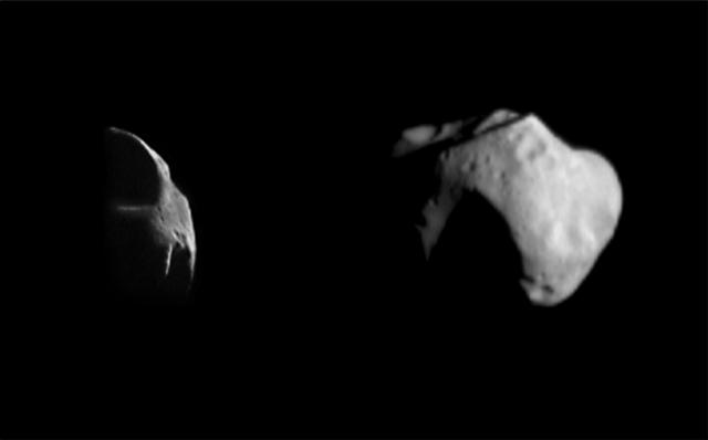 Mathilde
Caption NASA originale:"Two different views of asteroid 253 Mathilde were obtained by the NEAR spacecraft on June 27, 1997. The image at left was obtained as the spacecraft approached Mathilde with its camera pointed near the direction of the Sun; only a few of the prominent ridges on Mathilde are illuminated. The visible area at left is 29 Km (approx. 18 miles) high and the phase angle (the angle from Sun-Mathilde spacecraft) is 136°. As the spacecraft receded from Mathilde, it observed the asteroid (about 60 Km - or 38 miles across) almost fully lit by the Sun at a phase angle of 43° (right image). Mathilde's irregular shape results from a long history of severe collisions with smaller asteroids. The largest visible crater is about 30 Km (19 miles) in diameter".
Parole chiave: Asteroids: images from Space