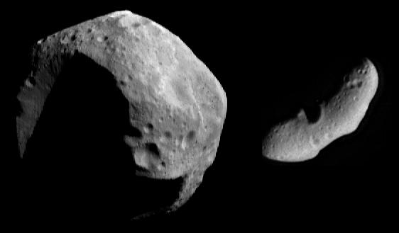 Mathilde and Eros: C-Type and S-Type
Caption NASA originale:"In this montage, Mathilde (at left) and Eros (at right) are shown at the same scale, as they were imaged by NEAR Shoemaker from about 1.800 Km on June 27, 1997, and February 12, 2000, respectively. Mathilde is 56 Km across and Eros is 33 Km long and 13 Km wide. However, Mathilde's brightness is greatly exaggerated for viewing purposes - it's actually 6 times darker than Eros, with about the same reflectivity as soot! In a scheme that reflects how asteroids have historically been a topic for astronomy, not geology, they are classified into groups based on their colors as observed through telescopes. The 2 major classes of asteroids are called S-Types and C-Types. S-Types, whose colors are consistent with "stony" or rocky compositions, prevail among asteroids that orbit closer to the Sun than the mid-point of the asteroid belt. Eros and the 2 asteroids encountered briefly by the Galileo spacecraft on its way to Jupiter - Gaspra and Ida - are all S-Types. C-Types like Mathilde have a dark gray color consistent with a "carbonaceous" composition, rich in carbon compounds and other dark materials. They prevail in the outer part of the asteroid belt".
Parole chiave: Asteroids: images from Space