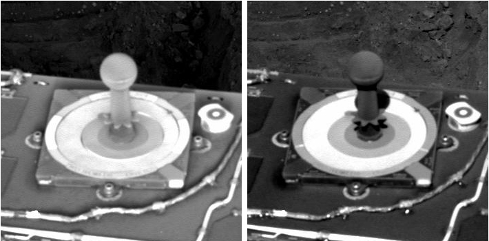 Frost? - Sol 257
Caption NASA originale:"Frost can form on surfaces if enough water is present and the temperature is sufficiently low. On each of NASA's MER's, the calibration target for the PanCam provides a good place to look for such events. A thin frost was observed by Opportunity's PanCam on the Rover's 257th Sol (Oct. 13, 2004), just 11 minutes after sunrise (left image). The presence of the frost is most clearly seen on the post in the center of the target, particularly when compared with the unsegmented outer ring of the target, which is white. The post is normally black. For comparison, note the difference in appearance in the image on the right, taken about 3 hours later, after the frost had dissipated. Frost has not been observed at Spirit, where the amount of atmospheric water vapor is observed to be appreciably lower. Both images were taken through a filter centered at a wavelenght of 440 nnmts (blue)".
Parole chiave: Martian Frost