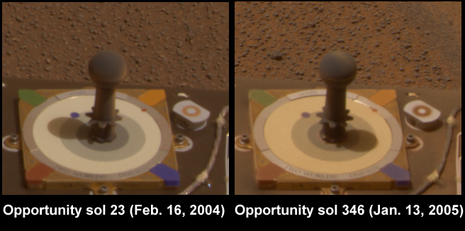 Martian colors and Martian dust (Sol 23 - Sol 346)
Caption NASA originale:"(...) Both images show the camera's calibration target, which is used as a reference point for calibrating the colors on Mars. In the later image, the surfaces have become only mildly dusty compared to shortly after landing. Both images represent the PANCAM team's best current attempt at generating true-color views of what these scenes would look like if viewed by a human on Mars". Dunque - ricapitolando -: mentre Spirit ha subito e sta subendo in maniera "sensibile" (anche se non dovrebbero esserci pericoli seri nell'immediato) le conseguenze dell'accumulo di polveri sottili sui propri pannelli solari, Opportunity è messa molto meglio. Noi crediamo che la causa di questa differenza sostanziale stia nel fatto che Spirit è rimasto per oltre un anno esposto costantemente ai venti di Marte (portatori delle polveri) mentre Opportunity, per mesi, si è "protetta" scendendo all'interno del Cratere Endurance dove, evidentemente, la circolazione d'aria (e di polveri) è stata decisamente minore.
Parole chiave: Mars colors