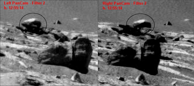 Just a "Camera Shift" or...Just a "movement"? - Sol 901
Un nuovo (ed eclatante) esempio di modifica repentina - e fortemente discutibile - dell'oggetto ripreso dal Rover. 
Si dice: ma � lo shift prospettico fra occhio Dx ed occhio Sx della camera la causa del cambio (ovviamente solo apparente) di fattezze dei corpi ripresi! 
Signori, noi Vi diciamo solo una cosa: guardate la sagoma e, soprattutto, l'ombra proiettata al suolo dal boulder cerchiato in nero. Questo tipo di variazioni - checch� se ne dica (e ci scusino tanto i Fans del "CICAP"...) - lo "shift prospettico" di pochissimi gradi NON � in condizione (in accordo alle Leggi dell'Ottica) di produrle e quindi, delle due, l'una:

1) o le rocce si "muovono" (e rapidamente cambiano fattezze), o
2) la foto � "taroccata" (anzi: inventata di sana pianta!).

Scegliete Voi l'ipotesi che ritenete pi� valida e credibile...
Parole chiave: Martian Surface - Controversial Frame