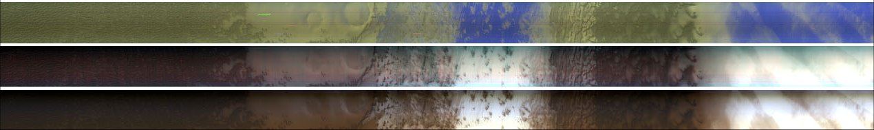 Olympia Undae (2)
This image shows three representations of the 72 colors. The left panel is a nearly true-color composite in which the blue, green, and red planes are 0.44, 0.53, and 0.60 micrometer light -- nearly as the human eye would see. The contrast between the bright ice and dark dunes is so large that the dunes are barely seen. The middle panel is false color constructed from infrared wavelengths just beyond the range of the human eye. The blue, green, and red planes cover 0.80, 0.95, and 1.06 micrometer light. In this rendering of the data the differences between ice- and soil-rich regions are not as apparent because the colors of ice and dust are similar in this wavelength region. The right panel uses 1.15, 1.8, and 2.25 micrometer light in the blue, green and red planes and provides a dramatically different view of the scene. The areas of highest ice content appear in blue, and those with a mix of dust and ice -- most of the scene -- appear yellowish. The dunes are now visible against the ice because of their higher brightness at longer infrared wavelengths, and appear ruddy brown.
Parole chiave: Mars from orbit - Olympia Undae Region