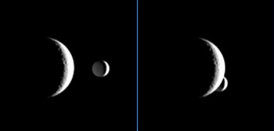 Hiding...
Caption NASA originale:"Enceladus briefly passes behind the crescent of Rhea in these images, which are part of a so-called "mutual event" (such as an "eclipse") sequence taken by Cassini. 
These sequences help scientists refine our understanding of the orbits of Saturn's moons. 
The images were taken one minute apart, as smaller Enceladus darted behind Rhea as seen from the Cassini spacecraft's point of view. 

The images were taken in visible light with the Cassini spacecraft narrow-angle camera on April 14, 2006, at a distance of approx. 3,4 MKM (such as about 2,1 MMs) from Rhea and 4,1 MKM (about 2,5 MMs) from Enceladus. The image scale is approx. 20 Km (about 13 miles) per pixel on Rhea and 24 Km (roughly 15 miles) per pixel on Enceladus".
Parole chiave: Saturn's Moons - Rhea and Enceladus