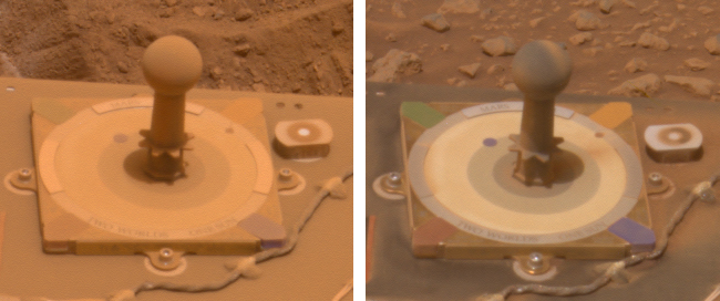 Spirit's "Cleaning Techniques" - Soles 416 and 426 (Approximate True Colors; credits: NASA/JPL-Caltech)
Caption NASA originale:"These 2 images from 10 days apart show that dust was removed from the PanCam's calibration target on NASA's Mars Exploration Rover Spirit. Spirit's PanCam  took the picture on the left on the Rover's 416th Sol (such as March 5, 2005) and took the picture on the right on Sol 426 (such as March 15, 2005). During the time in-between, other evidence of dust-lifting winds were a jump in power output by Spirit's solar arrays on Sol 420 from removal of some accumulated dust, and sighting of two dust devils in Sol 421 images from Spirit. The size of the base plate on the calibration target shown in both of these images is 8 cm on each side".
Parole chiave: Controversial Image