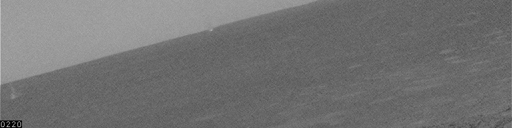 Dust Devils near Spirit on Sol 445
Caption NASA originale:"This picture shows a single Dust Devil - a whirlwind that lofts dust into the air - about 2 Km away, moving across a plain inside Mars' Gusev Crater for several minutes. The Dust Devil appears in 21 frames. (...) The NavCam on NASA's Mars Exploration Rover Spirit took these images on the Rover's 445th Sol (April 14, 2005)".
Parole chiave: Dust Devil