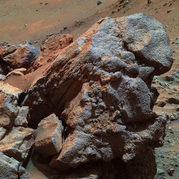 Larry's Outcrop (false colors)
Caption NASA originale:"A portion of an exposure of bedrock dubbed Larry's Outcrop shows little layering in this view, in contrast to nearby outcrops called Methuselah and Jibsheet. NASA's MER Spirit used its PanCam in May 2005 to take this image, which is presented in false colors". 
Parole chiave: Mars rocks, sand and debris